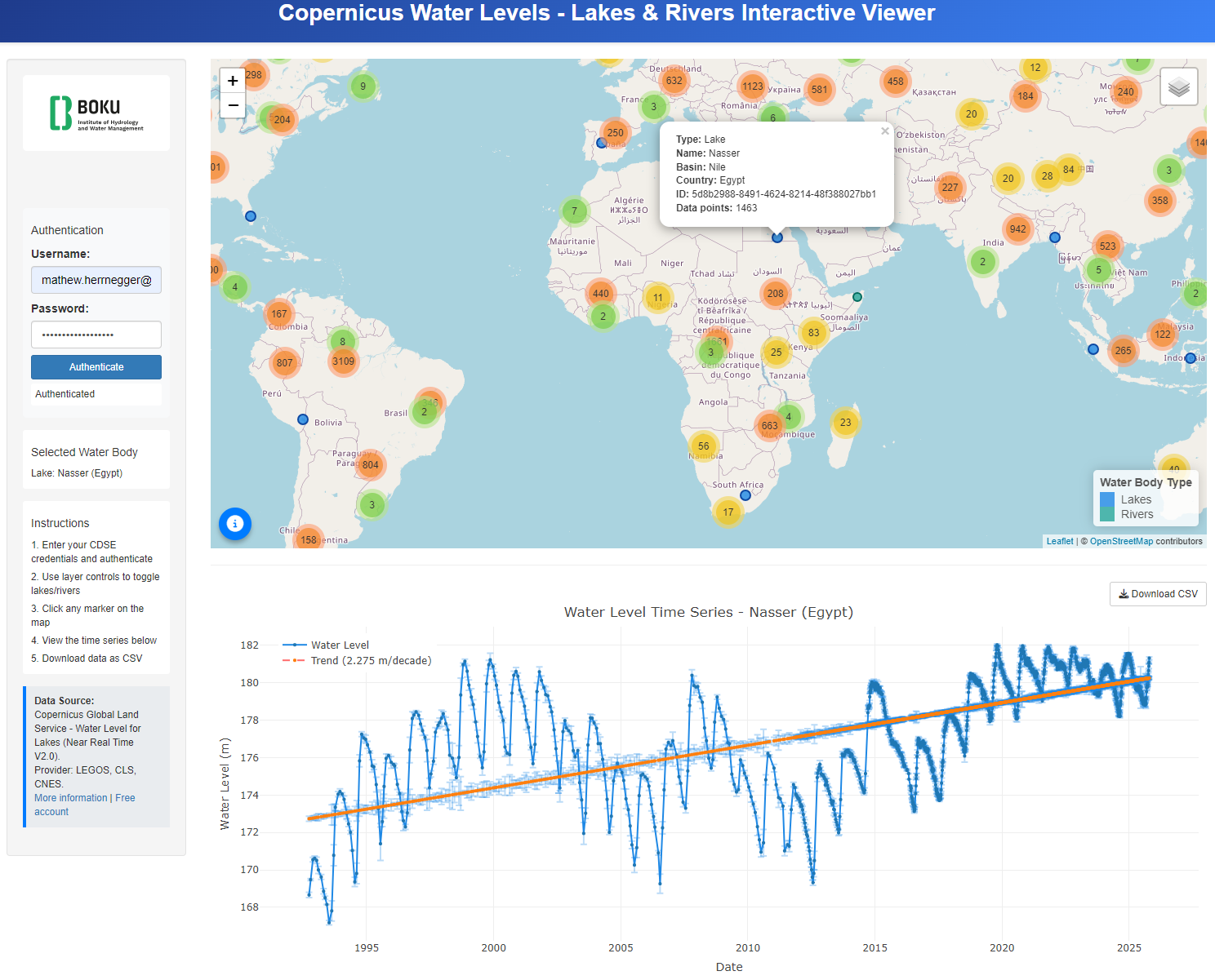 Interactive map showing water levels for lakes and rivers worldwide